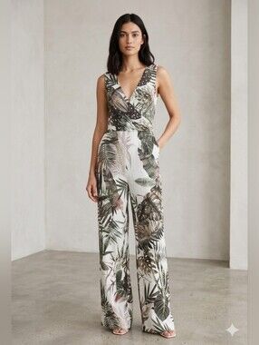 Fuego Tropical Leaf Print Wide Leg Jumpsuit Size 38 Resort Wear Linen Blend